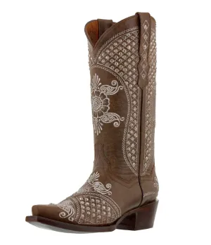 Womens Marfil Brown Wedding Cowboy Boots Rhinestones - Snip Toe